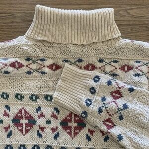 VTG 90s Eddie Bauer Sweater Women's Sz S USA Aztec Knit Turtleneck 100% Cotton